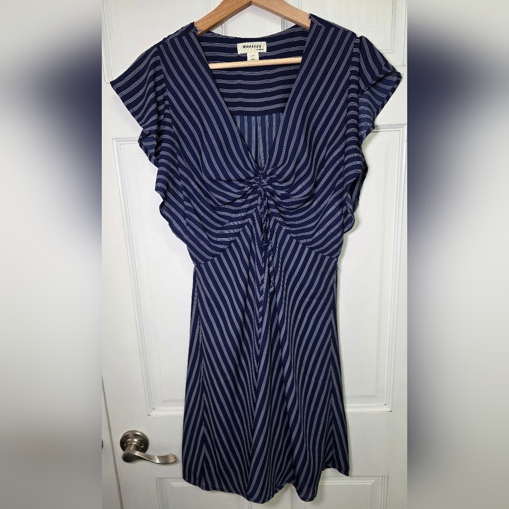 Monteau Flutter Cap Sleeve Elastic Waist Front Drawstring Tie Striped Dress- Lg